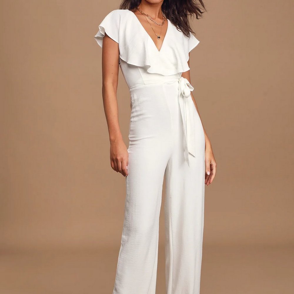 Lulus White Ruffled Faux-Wrap Wide-Leg Jumpsuit